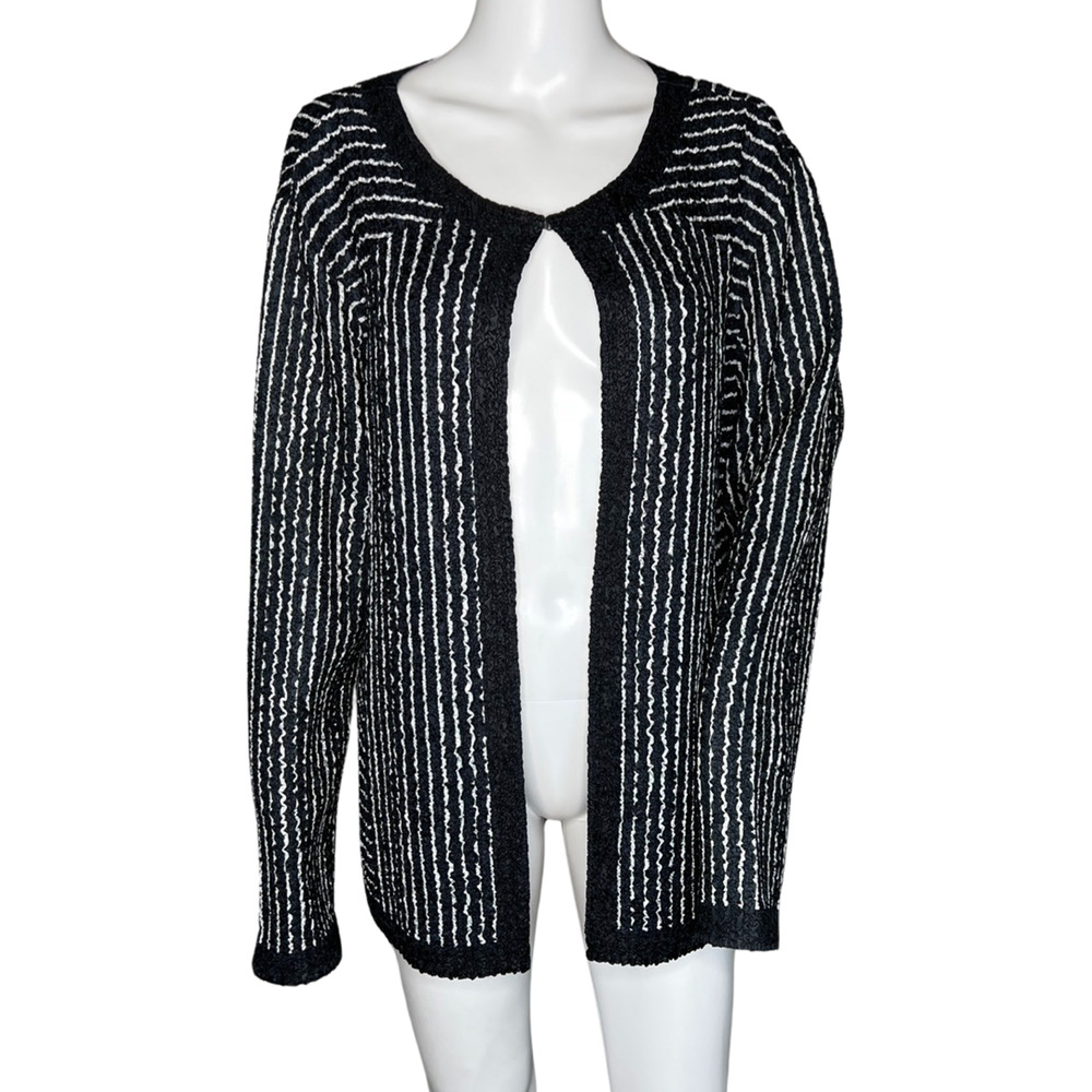 Chicos Sweater Womens Large 2 Black White Stripe Crinkle Cardigan Career Travel